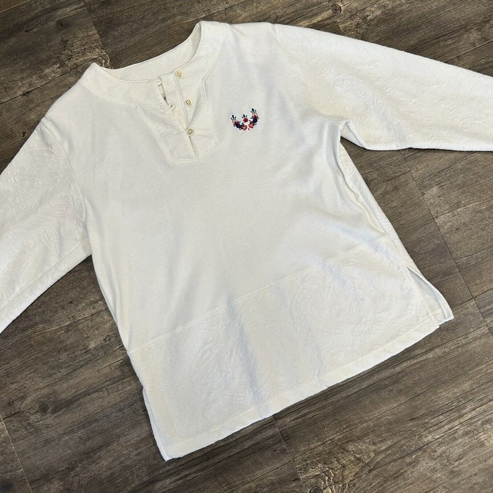 Vintage Aileen Women Henley‎ Shirt Size Medium Shoulder Pads Embroidered